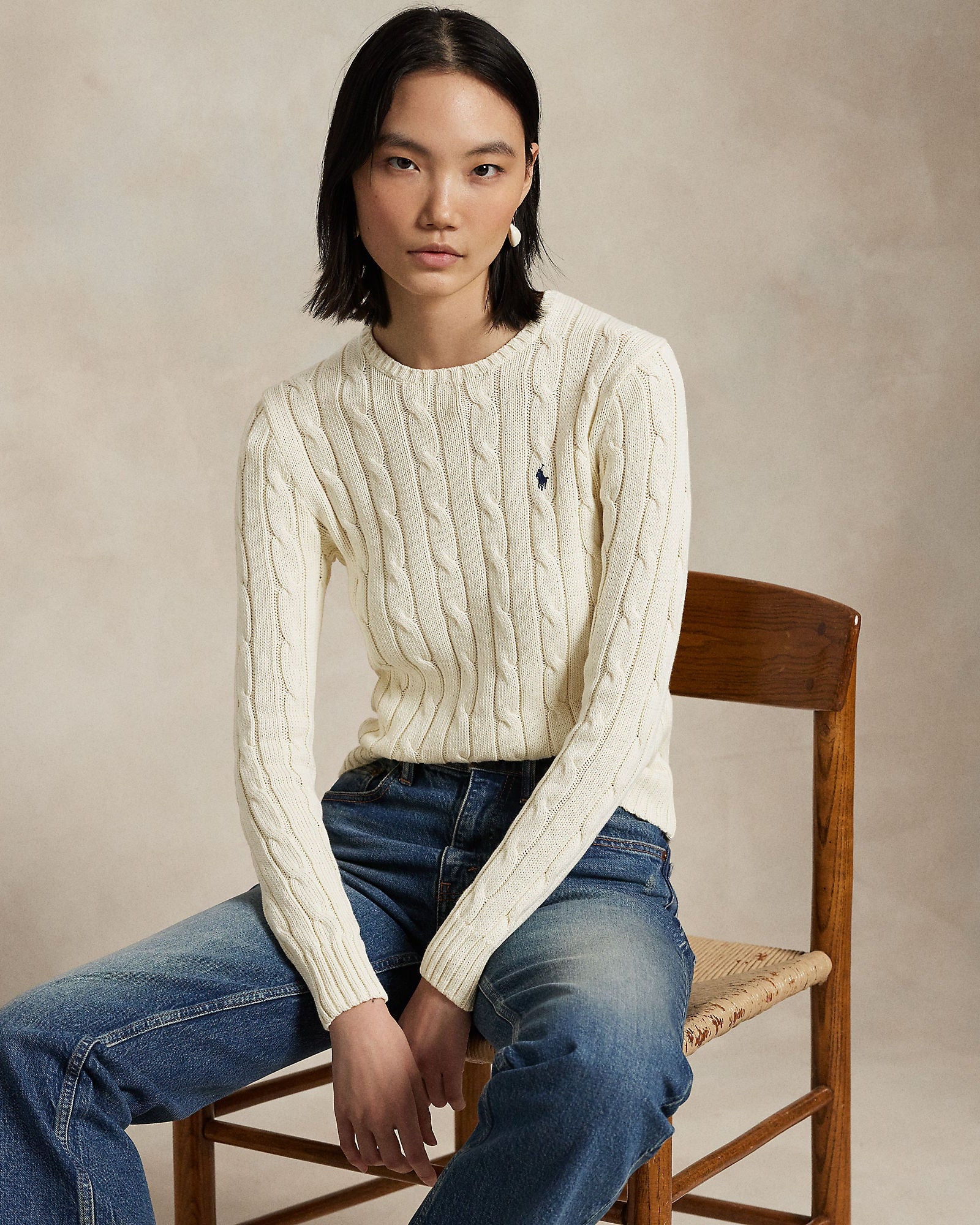 Polo Ralph Lauren Girocollo Lana E Cashmere Trecce Panna