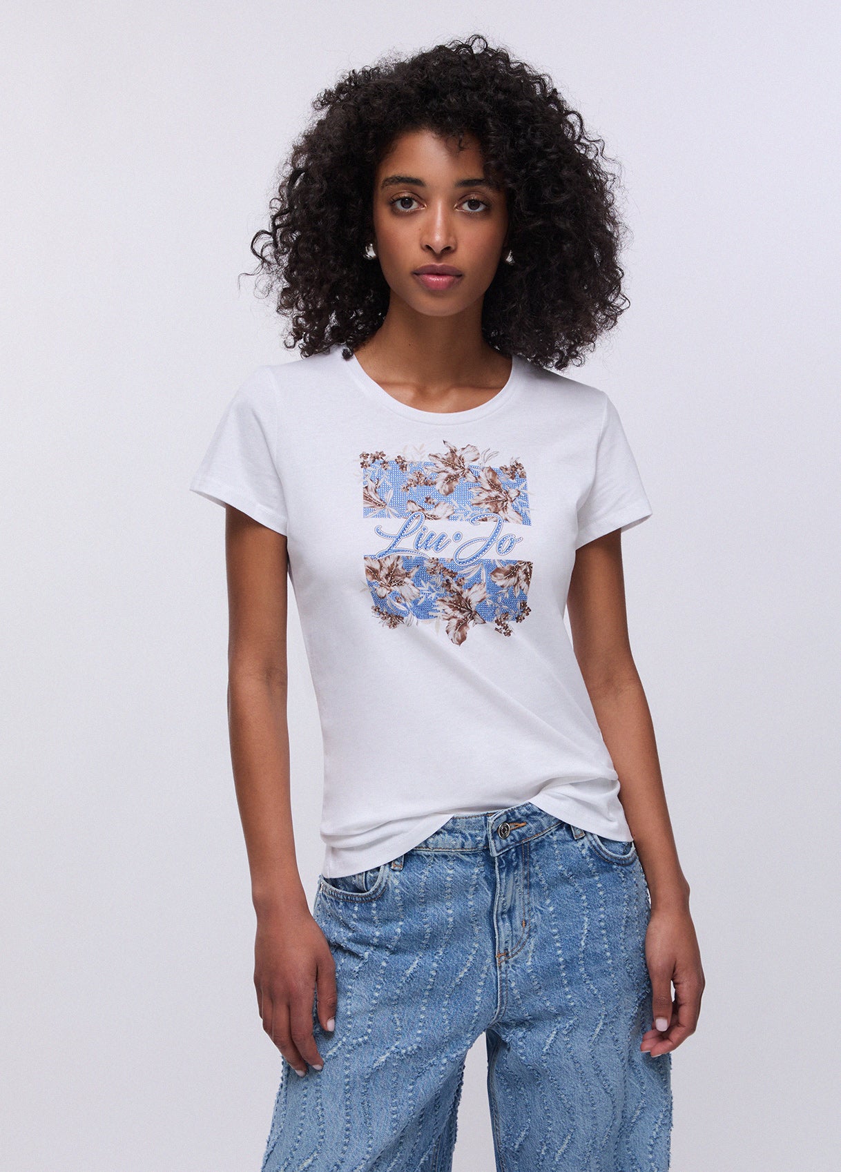 Liu Jo White and Light Blue T-Shirt with Print and Rhinestones