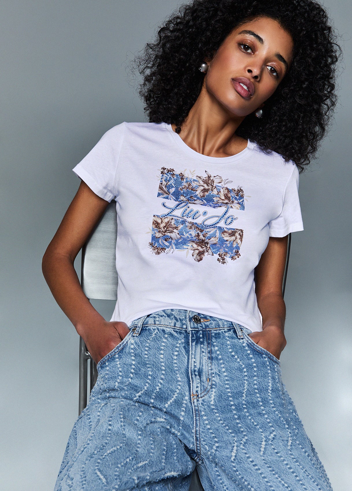 Liu Jo White and Light Blue T-Shirt with Print and Rhinestones