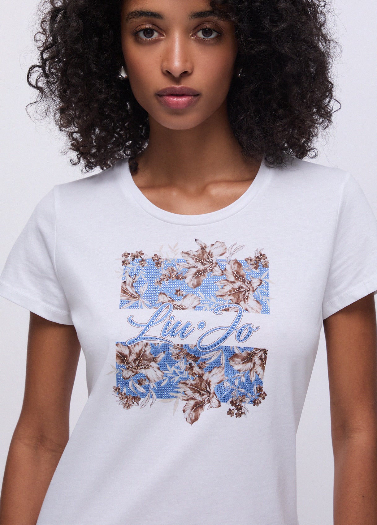 Liu Jo White and Light Blue T-Shirt with Print and Rhinestones