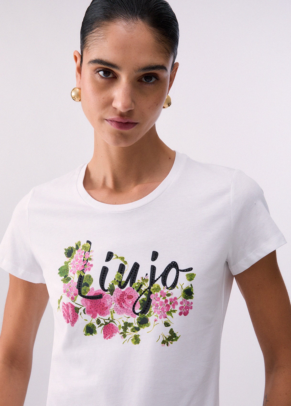 Liu Jo T-Shirt Con Stampa E Strass Bianca E Rosa