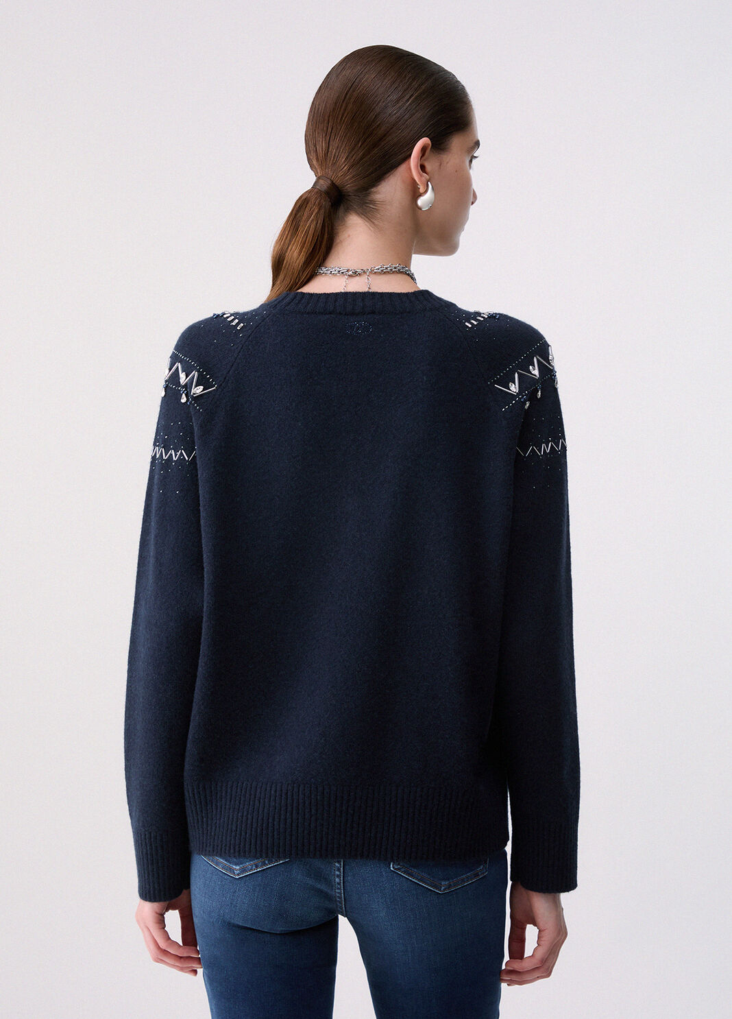 Liu Jo Maglia In Lana Con Ricami Gioiello Blu Scuro