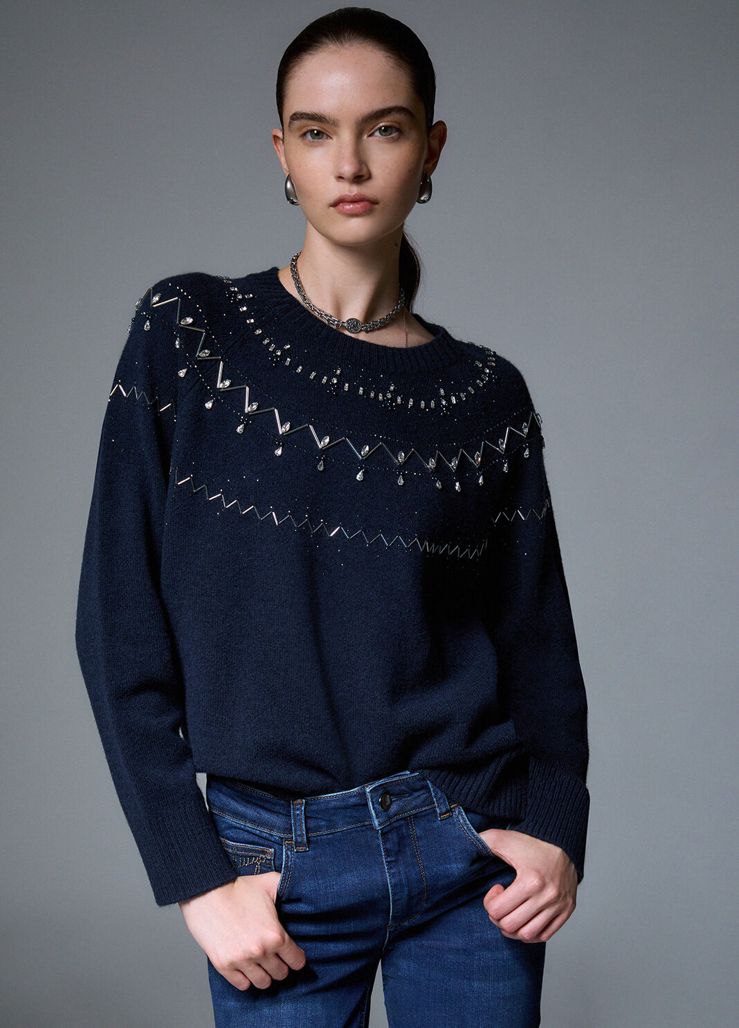 Liu Jo Maglia In Lana Con Ricami Gioiello Blu Scuro