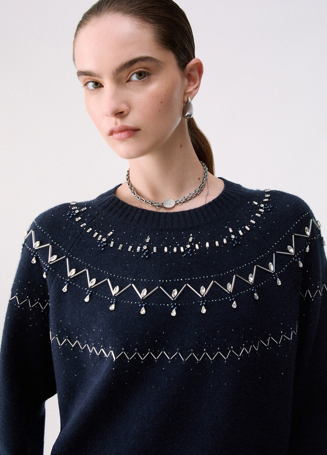 Liu Jo Maglia In Lana Con Ricami Gioiello Blu Scuro