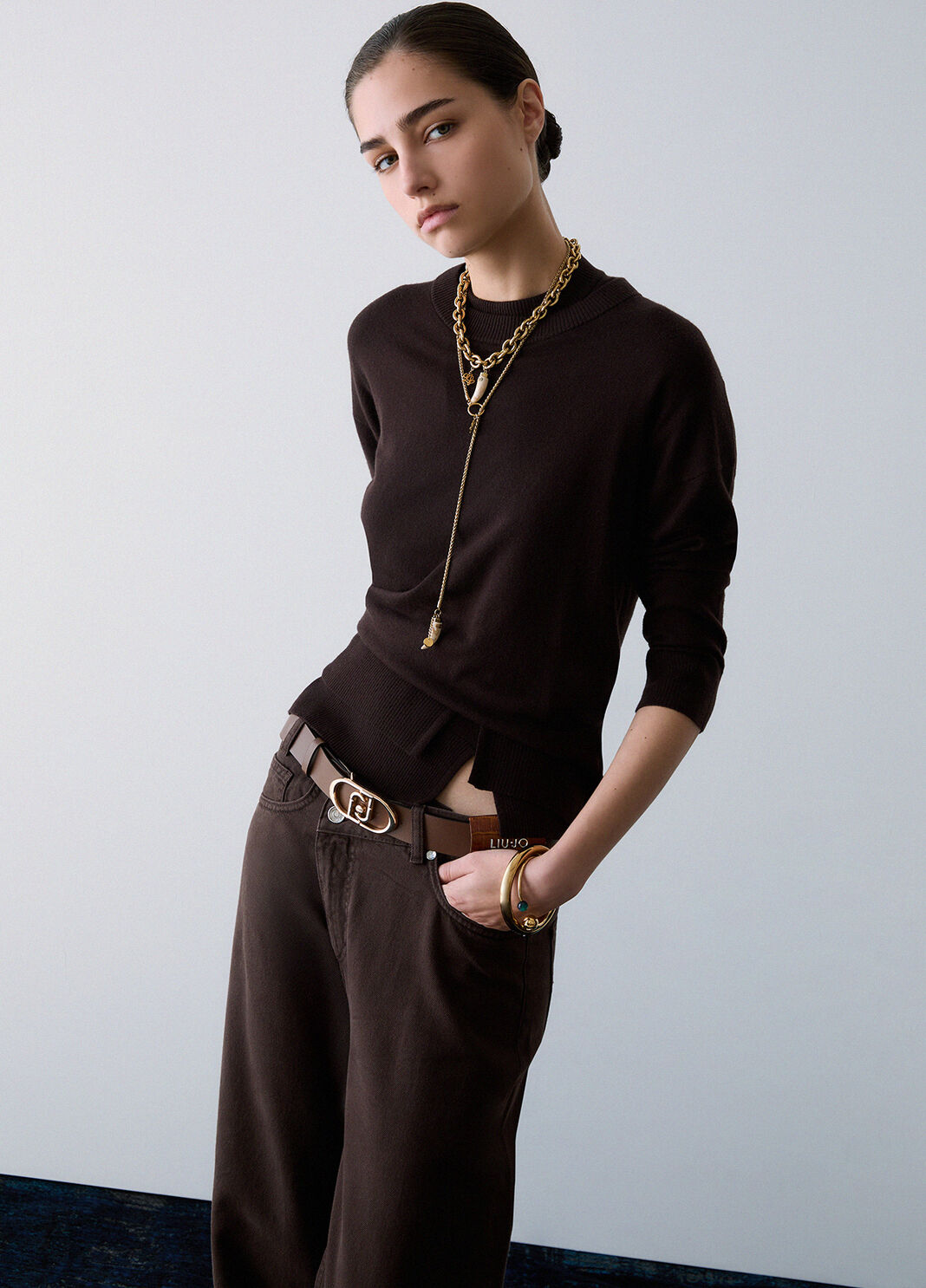 Liu Jo Maglia In Misto Lana Con Spacchetto Marrone Scuro
