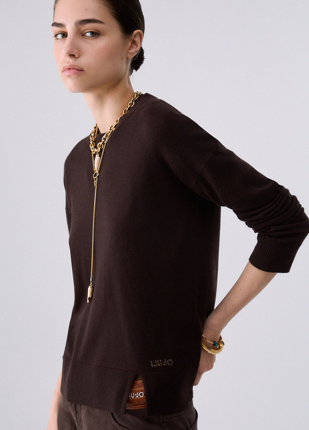 Liu Jo Maglia In Misto Lana Con Spacchetto Marrone Scuro