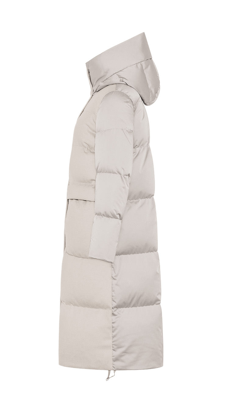 Duno Fully Long Down Jacket In Satin And Wool Ivory White