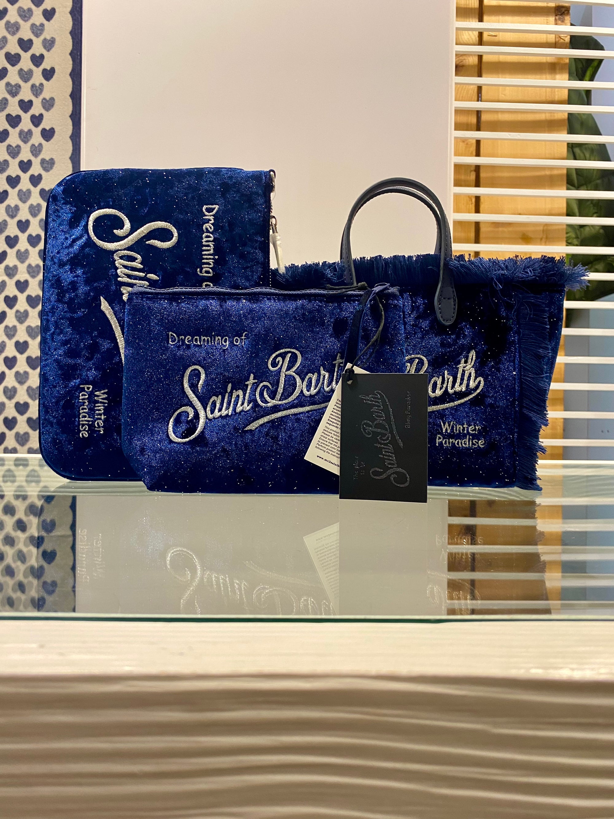 Borsa a mano Mini Vanity in velluto blu navy con pois argentati
