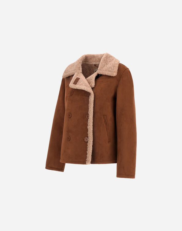 Herno Peacoat Effetto Shearling Marrone E Latte