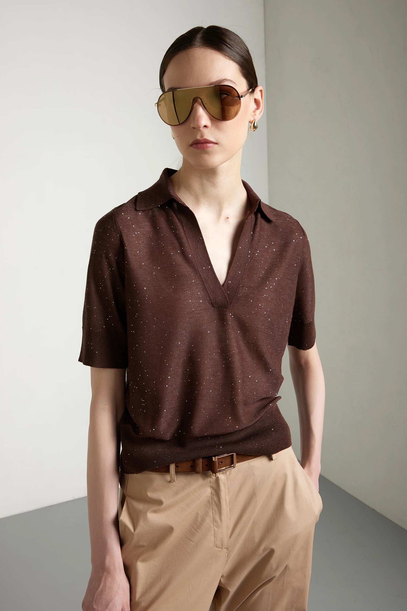 KANGRA-S6A390026-maglia-collo-a-polo-manica-al-gomito-in-viscosa-micropaillettes-cioccolato-2