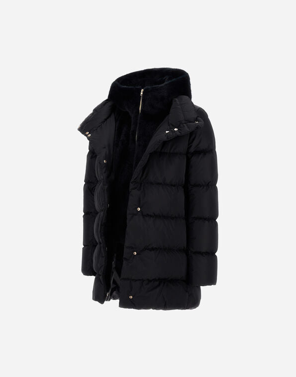 Herno A-Shape in Satin and Lady Alternative Fur Black