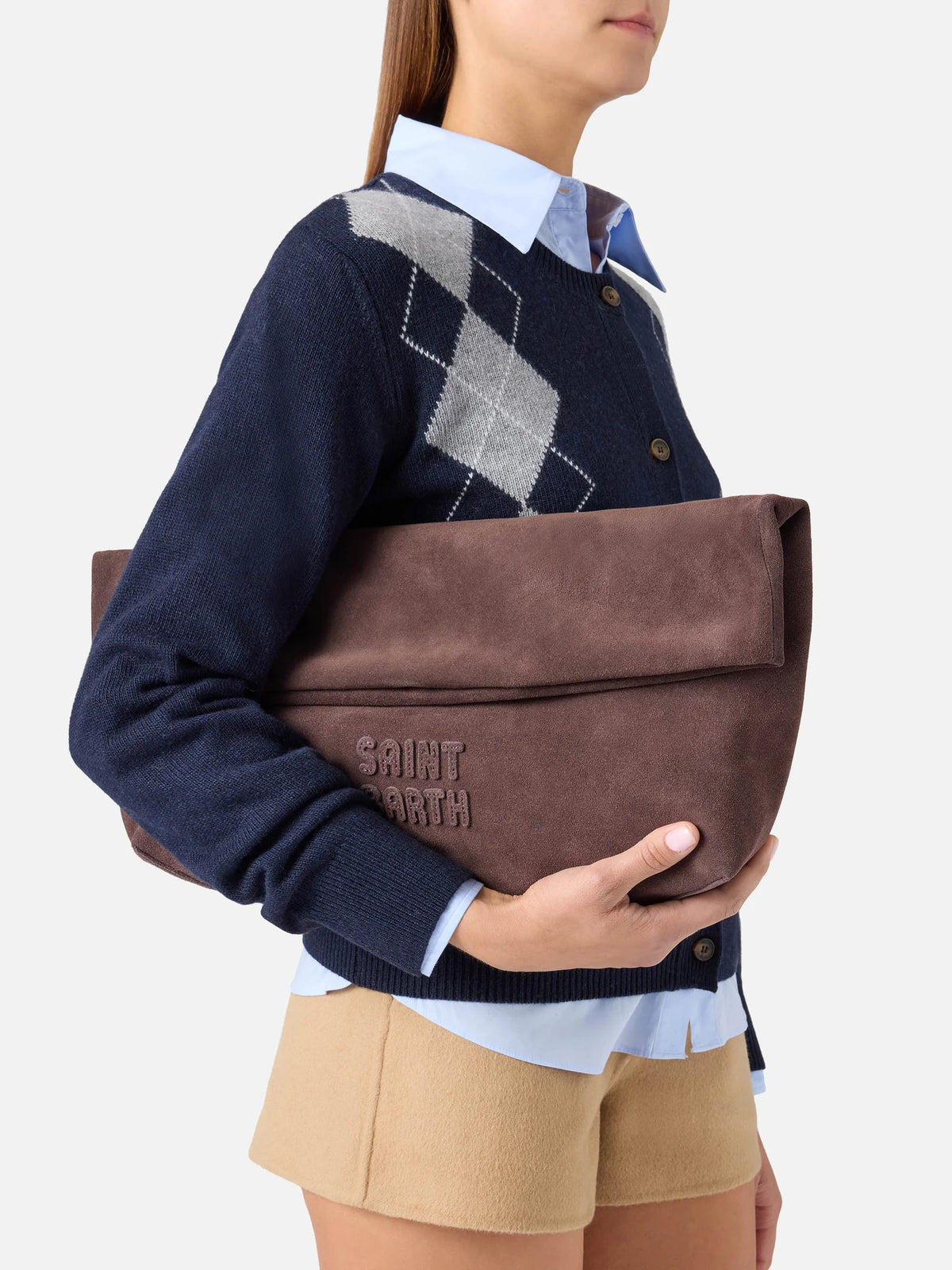 Mc2 Saint Barth Maxi Suede Pouch With Logo Patch Brown