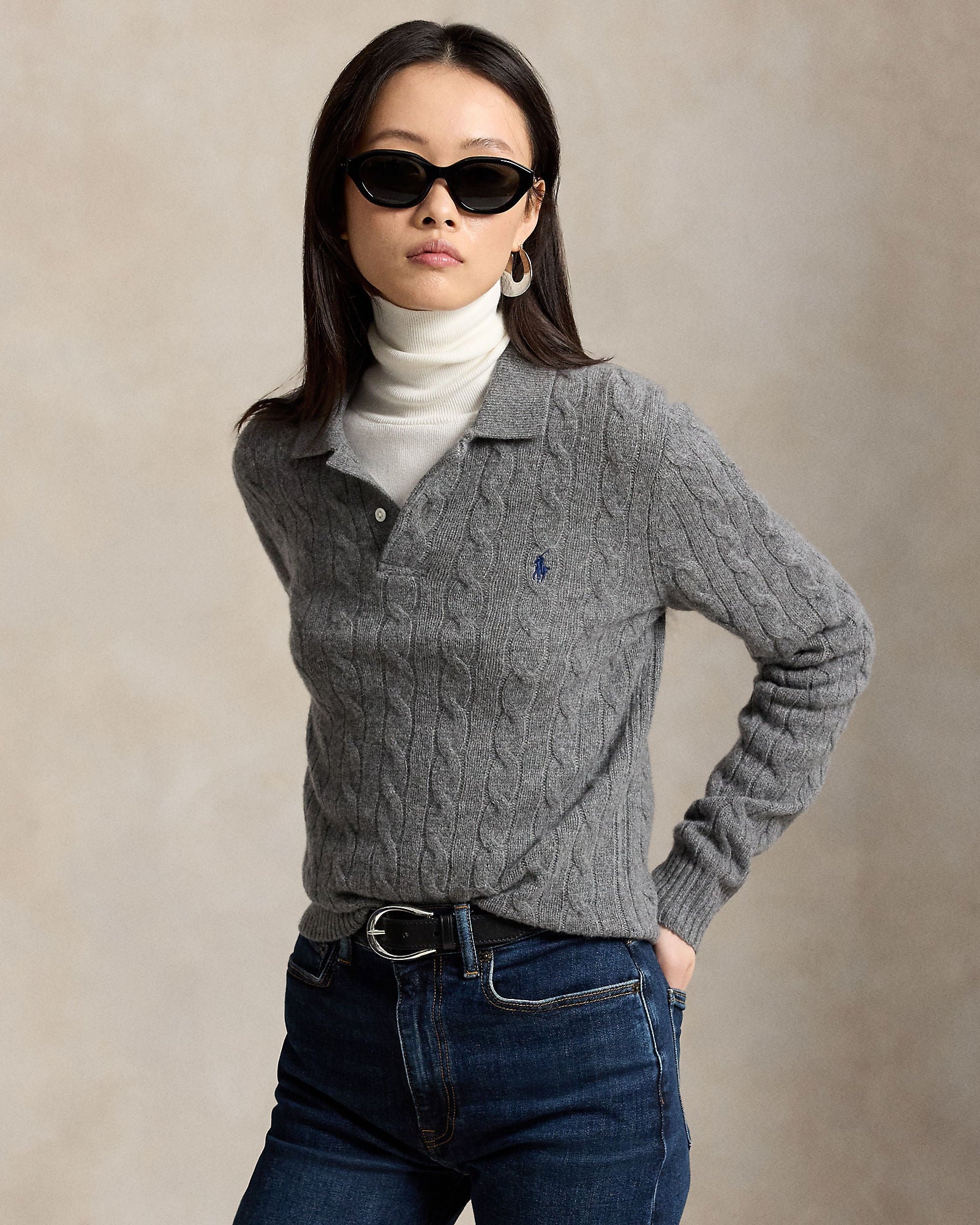 Polo Ralph Lauren Maglia Polo In Lana E Cashmere A Trecce Grigio