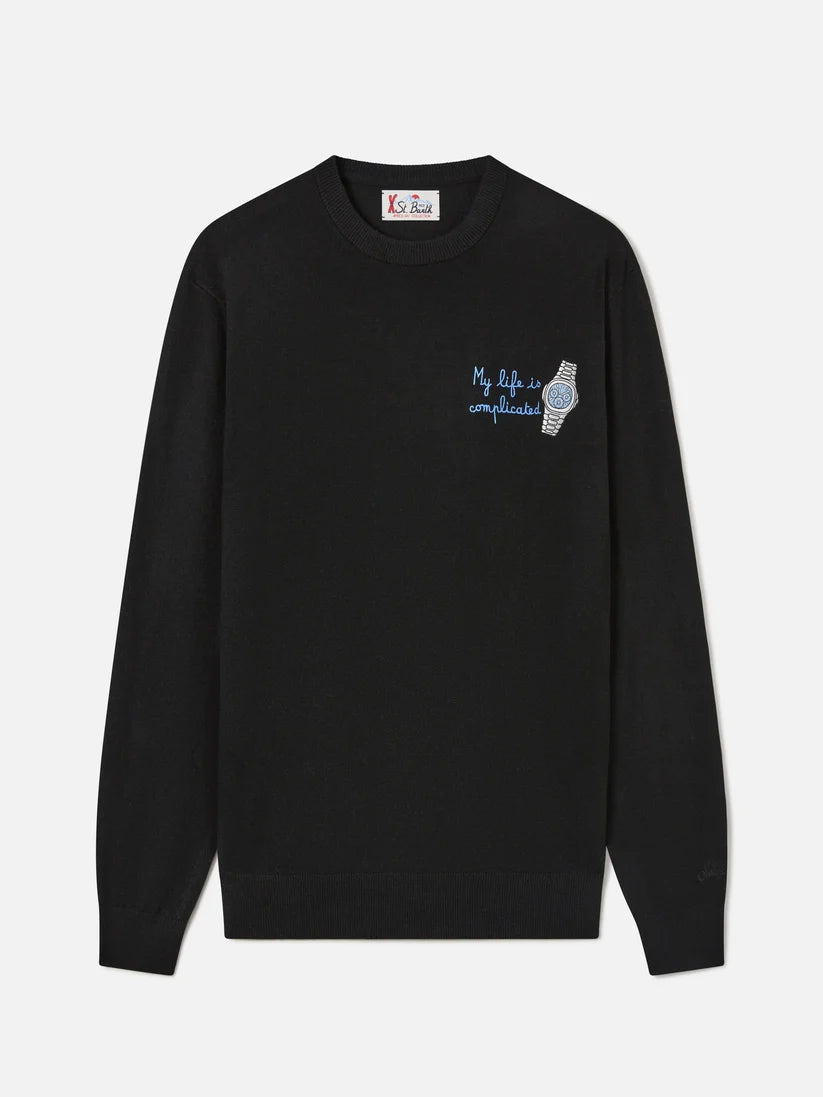 mc2-saint-barth_HER002400543M-black-heron-light-wool-and-cashmere-crewneck-with-my-life-is-complicated-embroidery