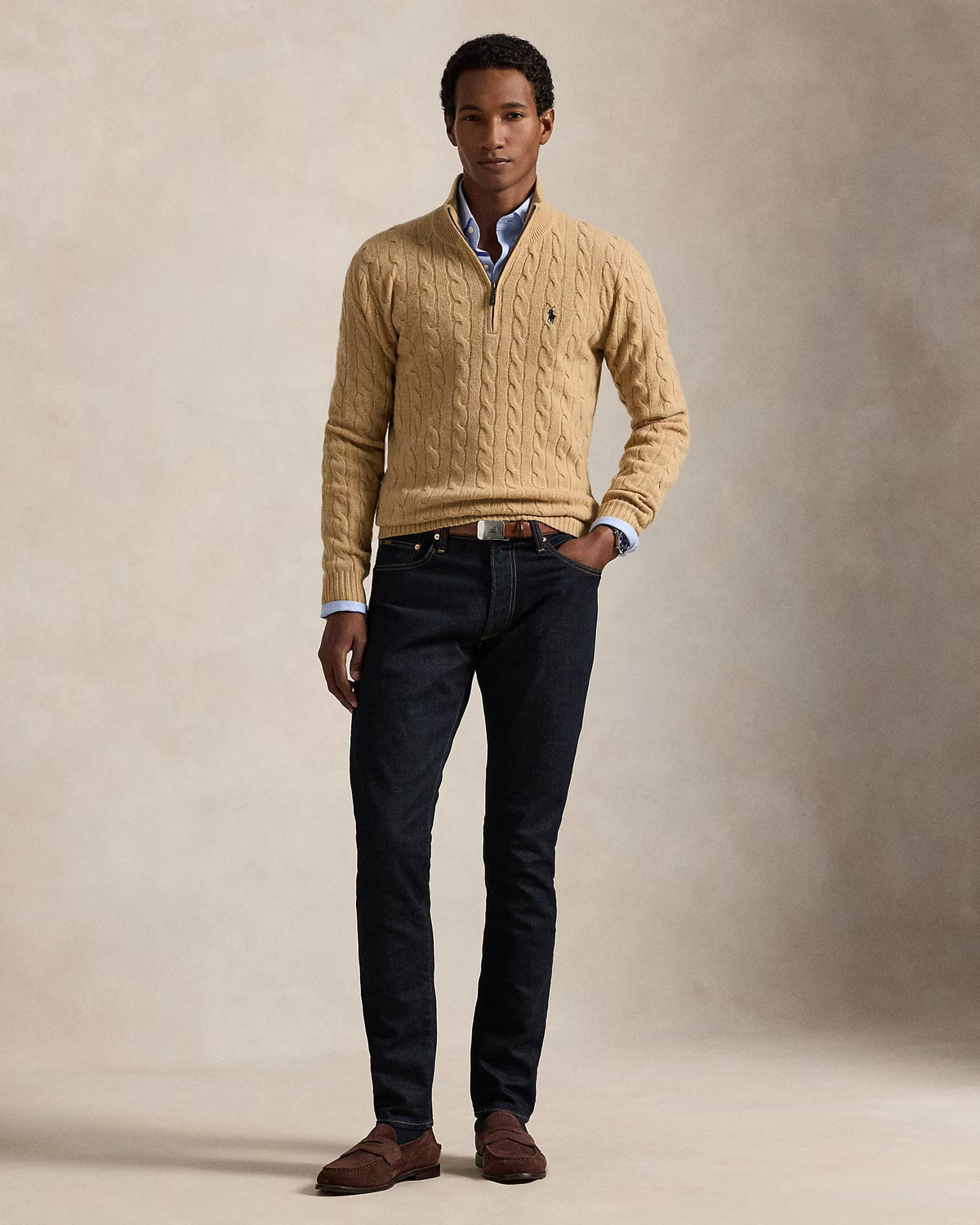 Polo Ralph Lauren Cable-Knit Zip Sweater Camel Melange