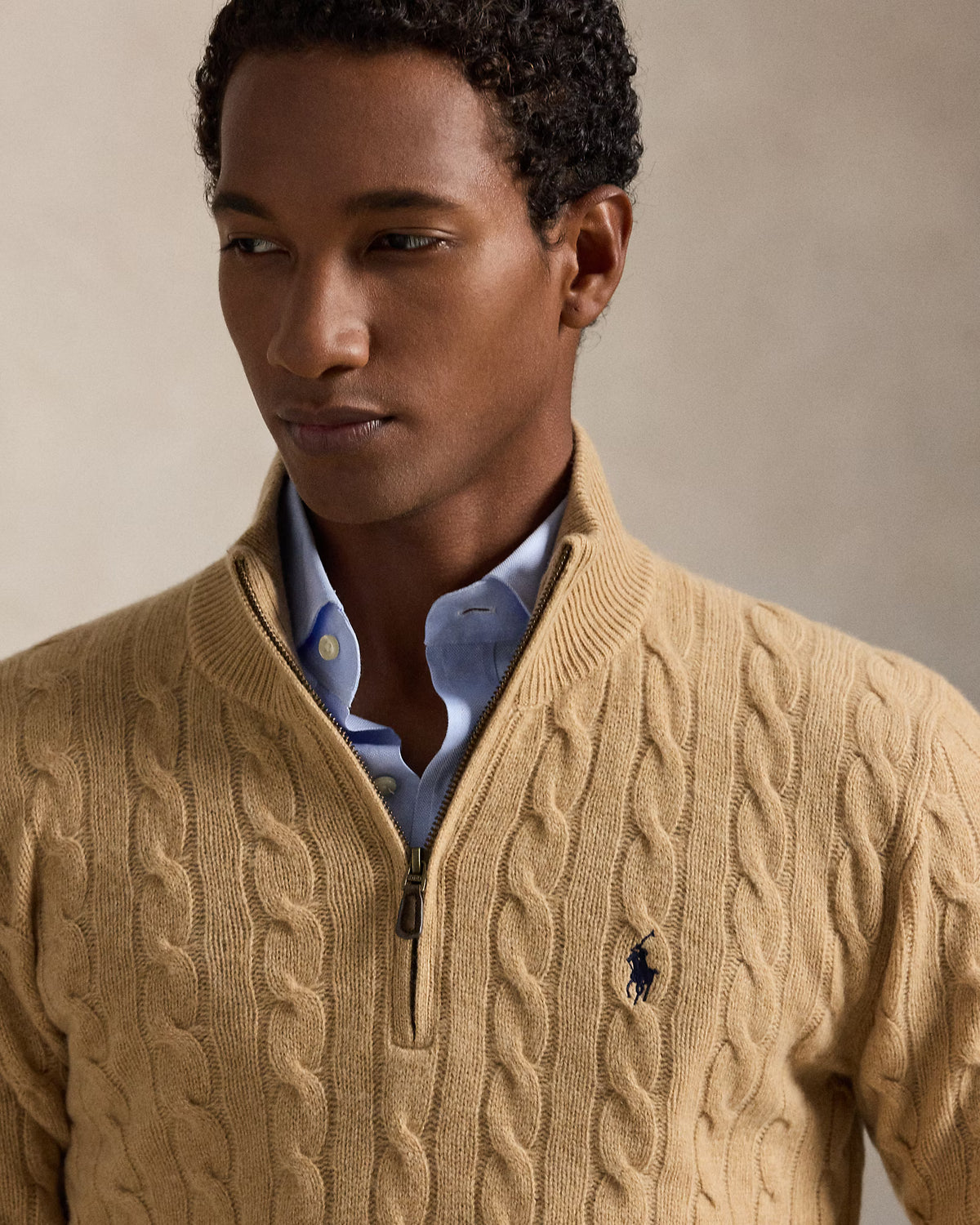 Polo Ralph Lauren Cable-Knit Zip Sweater Camel Melange