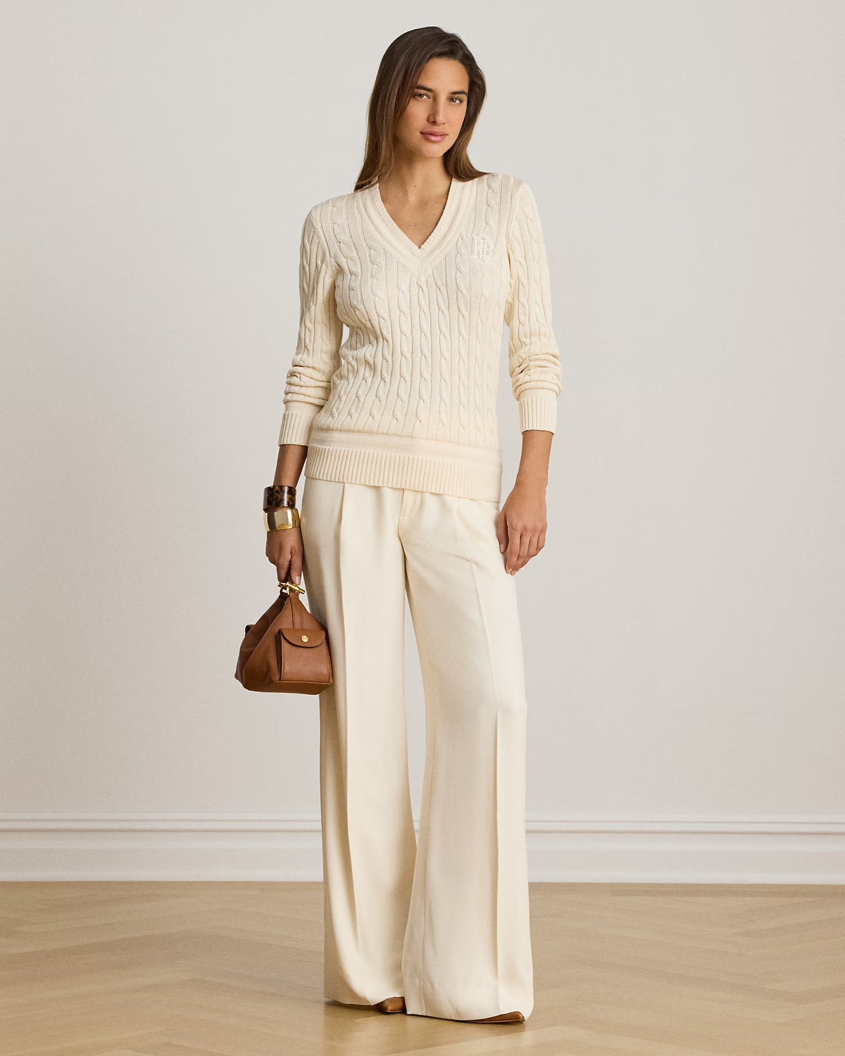 Lauren Ralph Lauren Maglia A Trecce Scollo V Crema