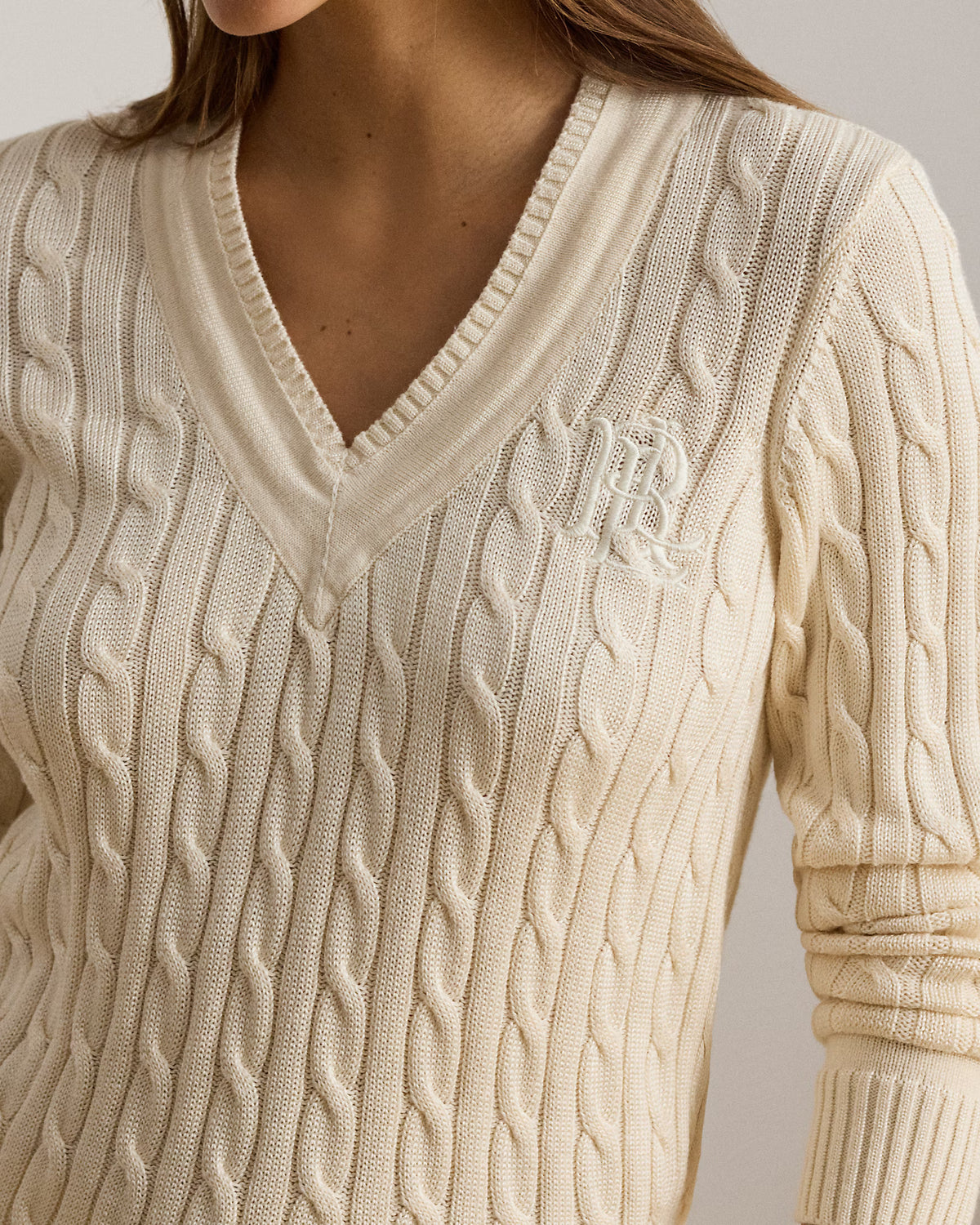 Lauren Ralph Lauren Maglia A Trecce Scollo V Crema