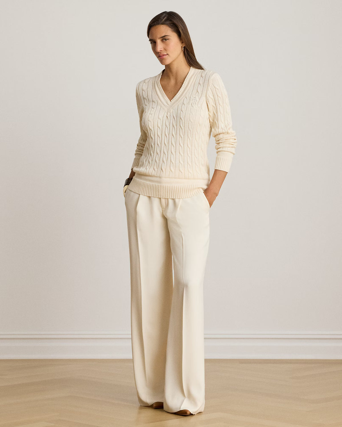 Lauren Ralph Lauren Maglia A Trecce Scollo V Crema