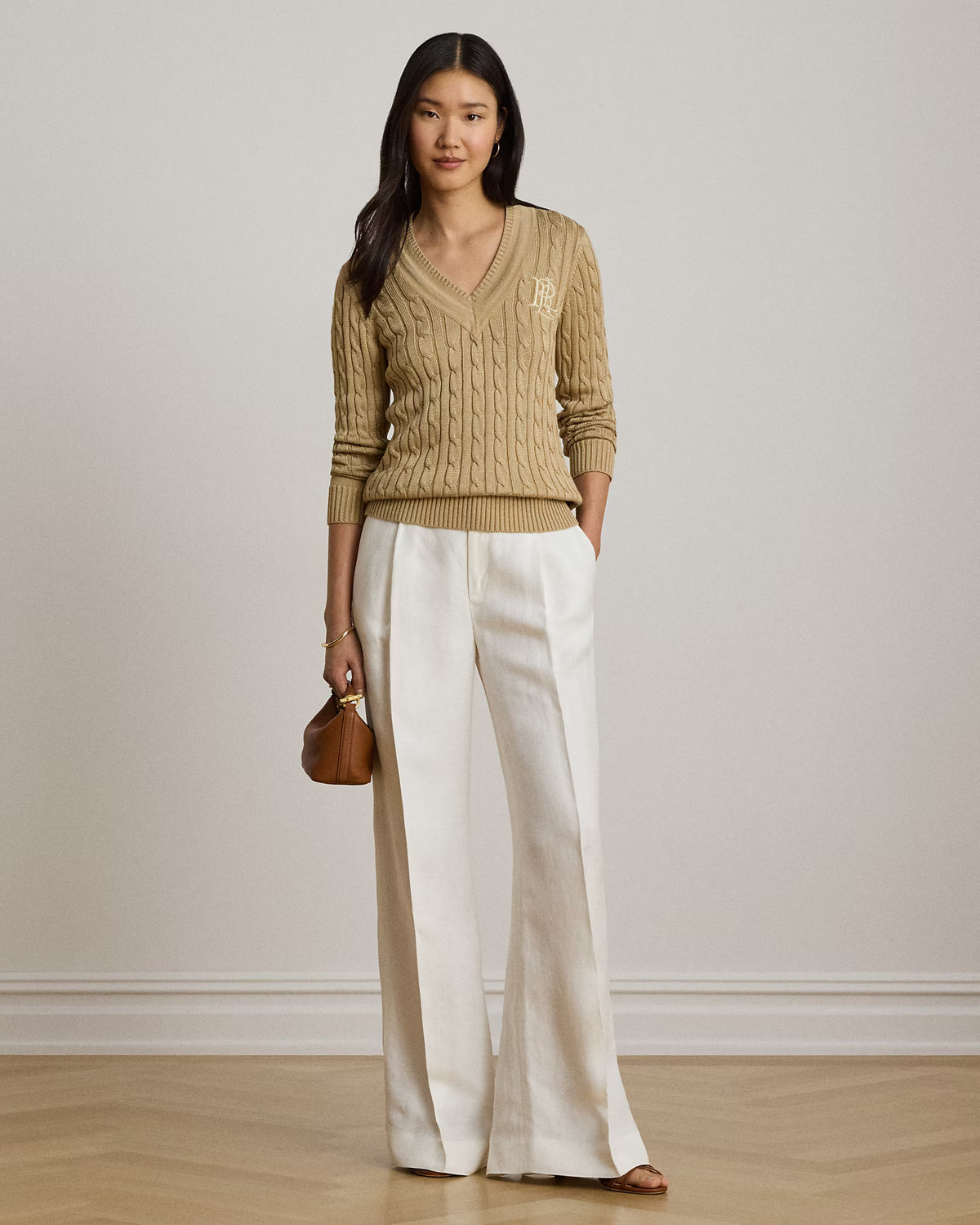 Lauren Ralph Lauren Maglia A Trecce Scollo V Cuoio Betulla