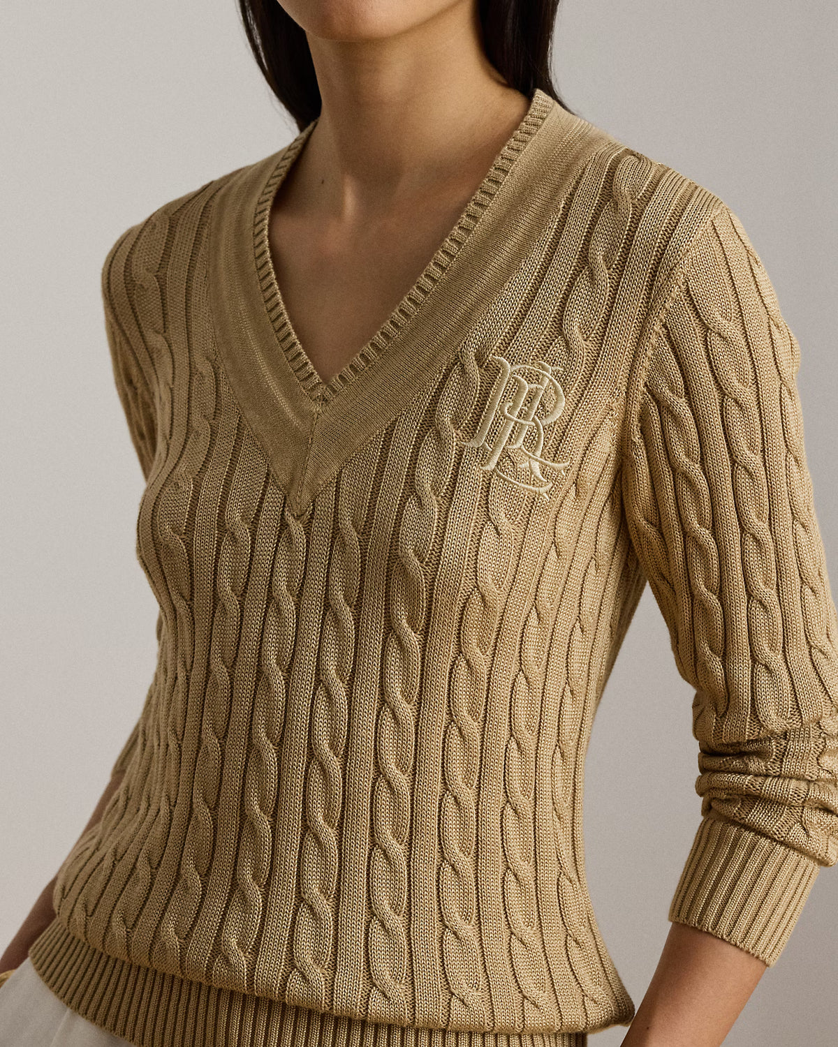 Lauren Ralph Lauren Maglia A Trecce Scollo V Cuoio Betulla