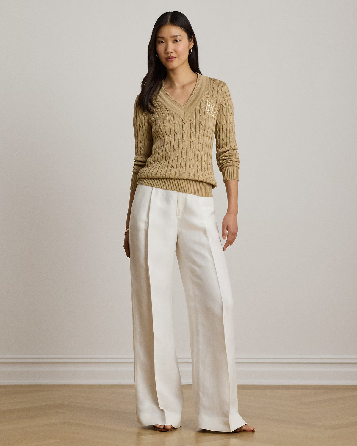 Lauren Ralph Lauren Maglia A Trecce Scollo V Cuoio Betulla