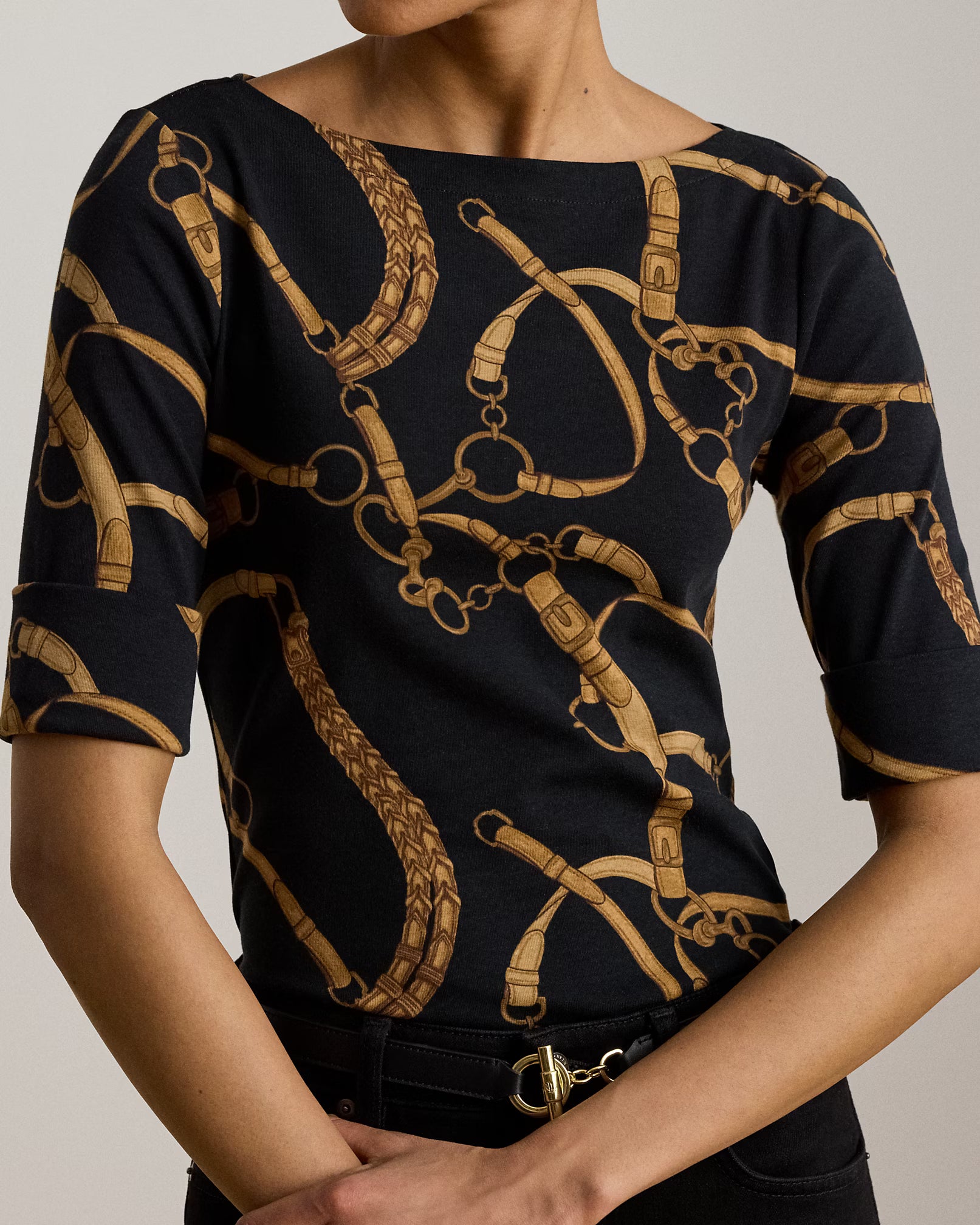 Lauren Ralph Lauren Maglietta Con Stampa Cinture Nera E Beige