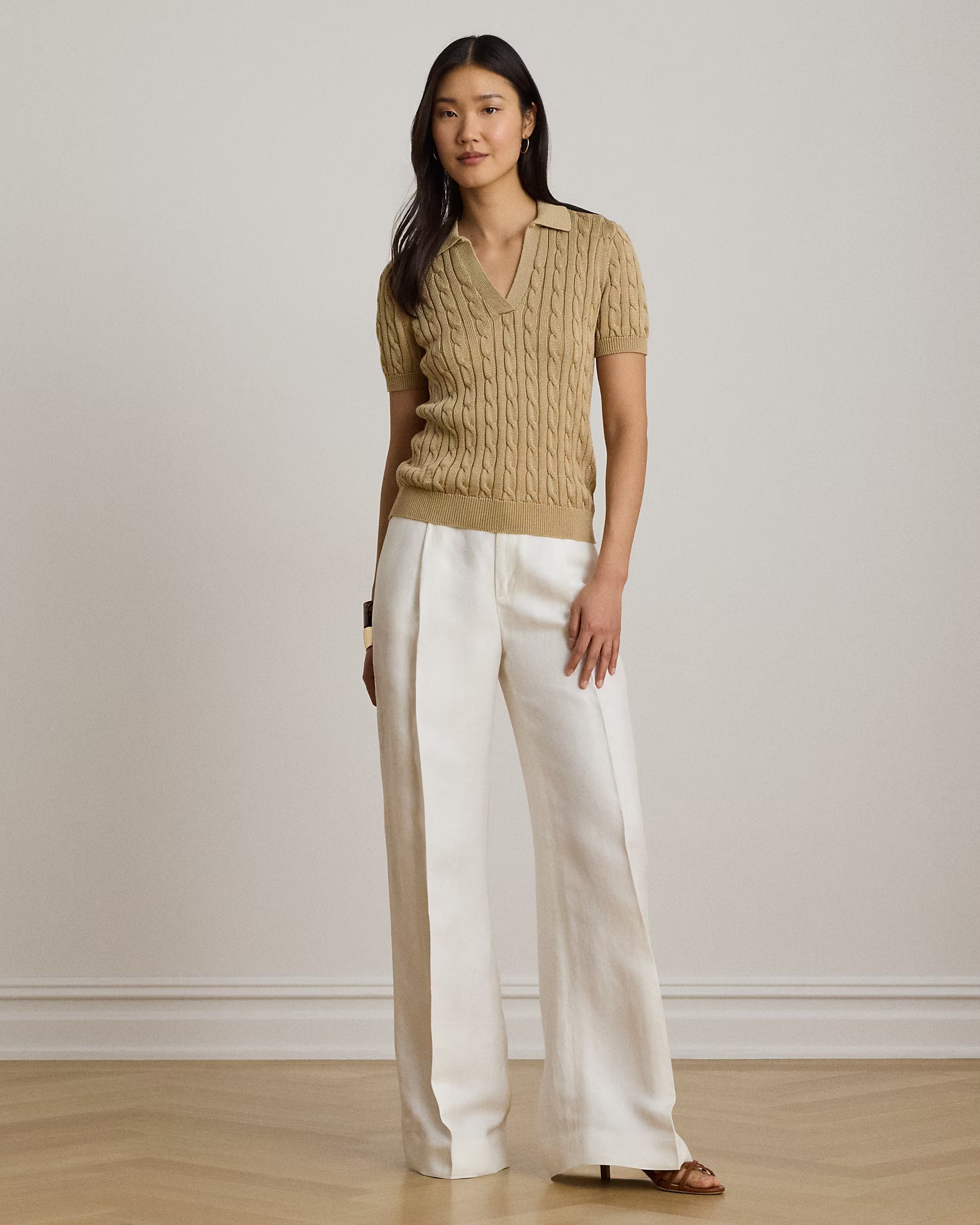 Lauren Ralph Lauren Maglia A Maniche Corte Con Trecce Beige