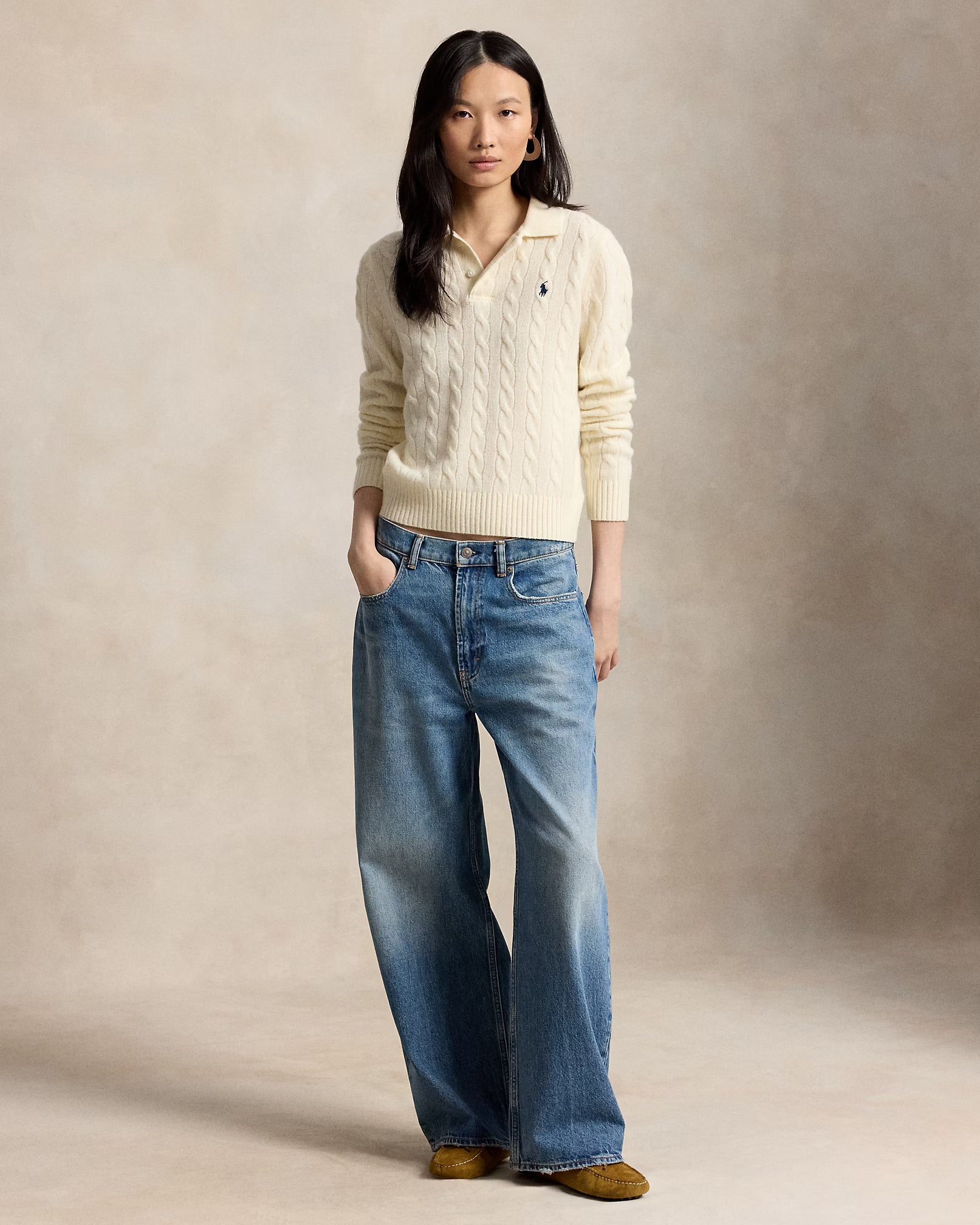 Polo Ralph Lauren Maglia Polo In Lana E Cashmere A Trecce Panna