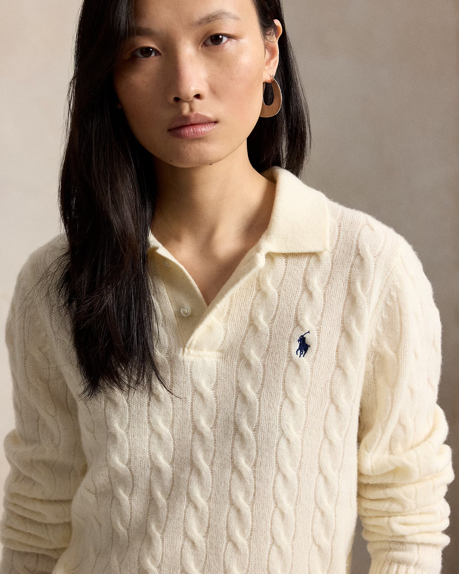 Polo Ralph Lauren Maglia Polo In Lana E Cashmere A Trecce Panna