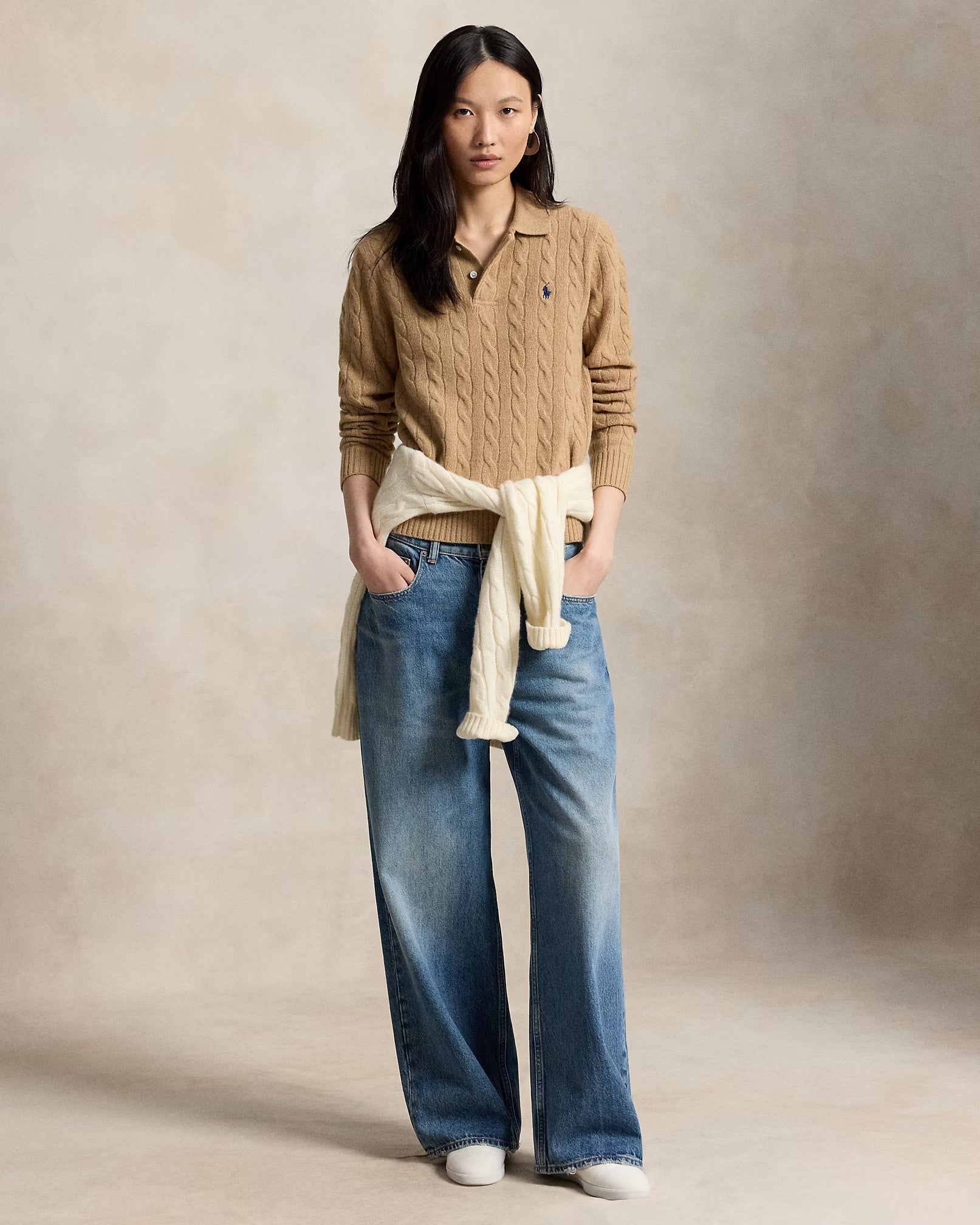 Polo Ralph Lauren Maglia Polo In Lana E Cashmere A Trecce Cammello