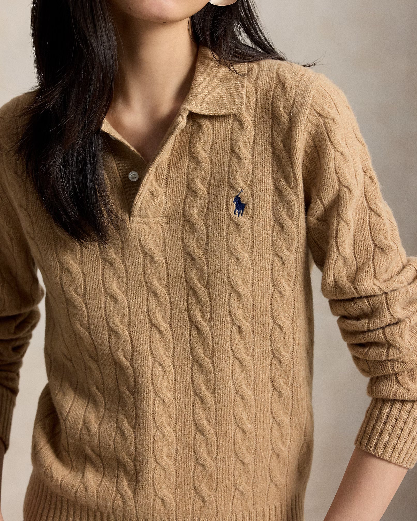 Polo Ralph Lauren Maglia Polo In Lana E Cashmere A Trecce Cammello