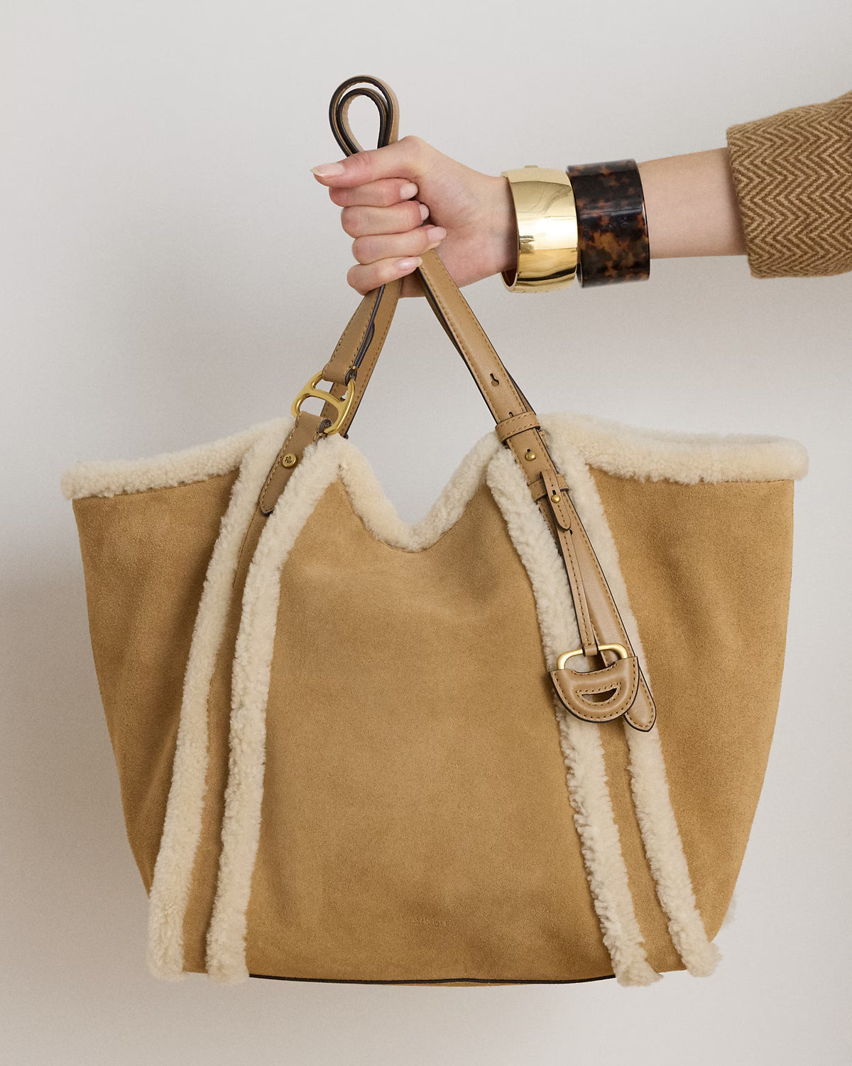 Lauren Ralph Lauren Borsa Tote Tasha Con Finitura Shearling Cammello