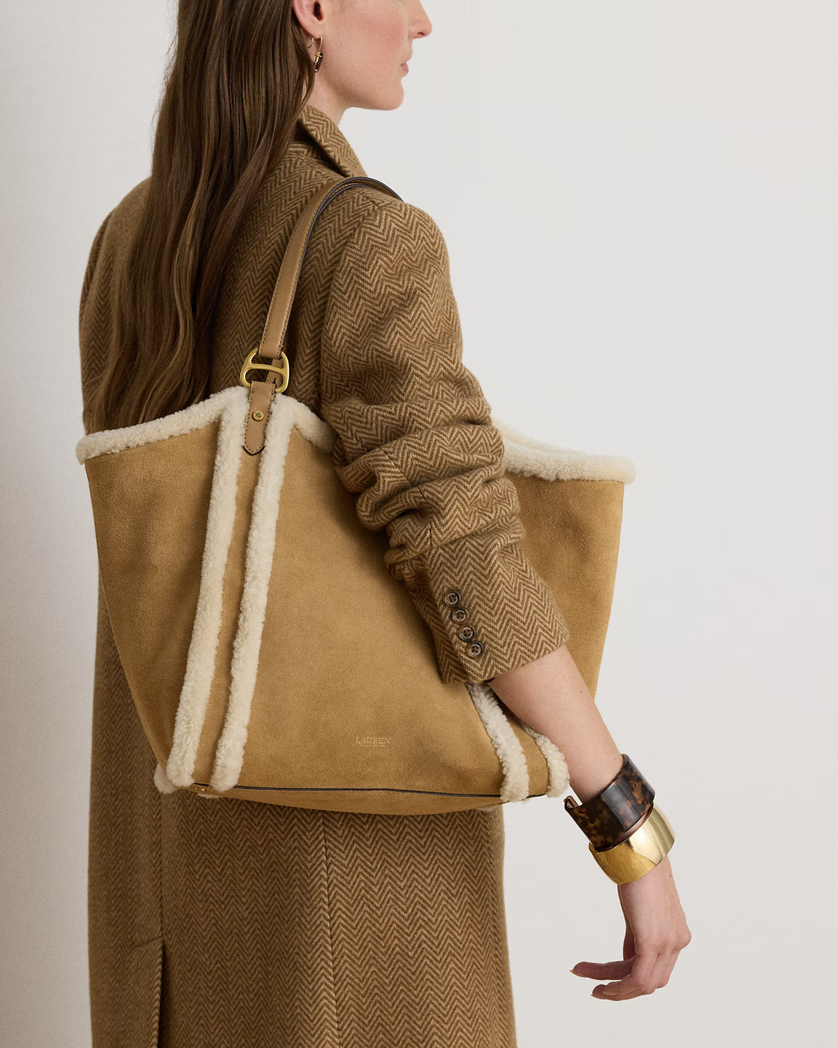 Lauren Ralph Lauren Borsa Tote Tasha Con Finitura Shearling Cammello