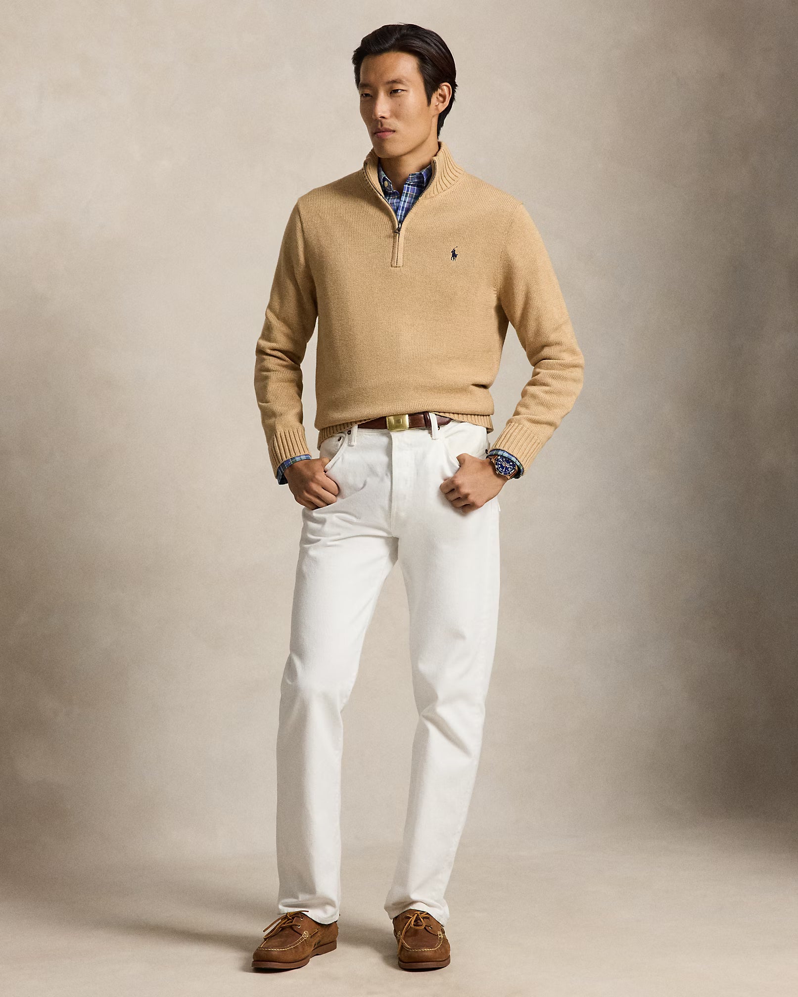 Polo Ralph Lauren Maglia In Cotone Con Mezza Zip Camel