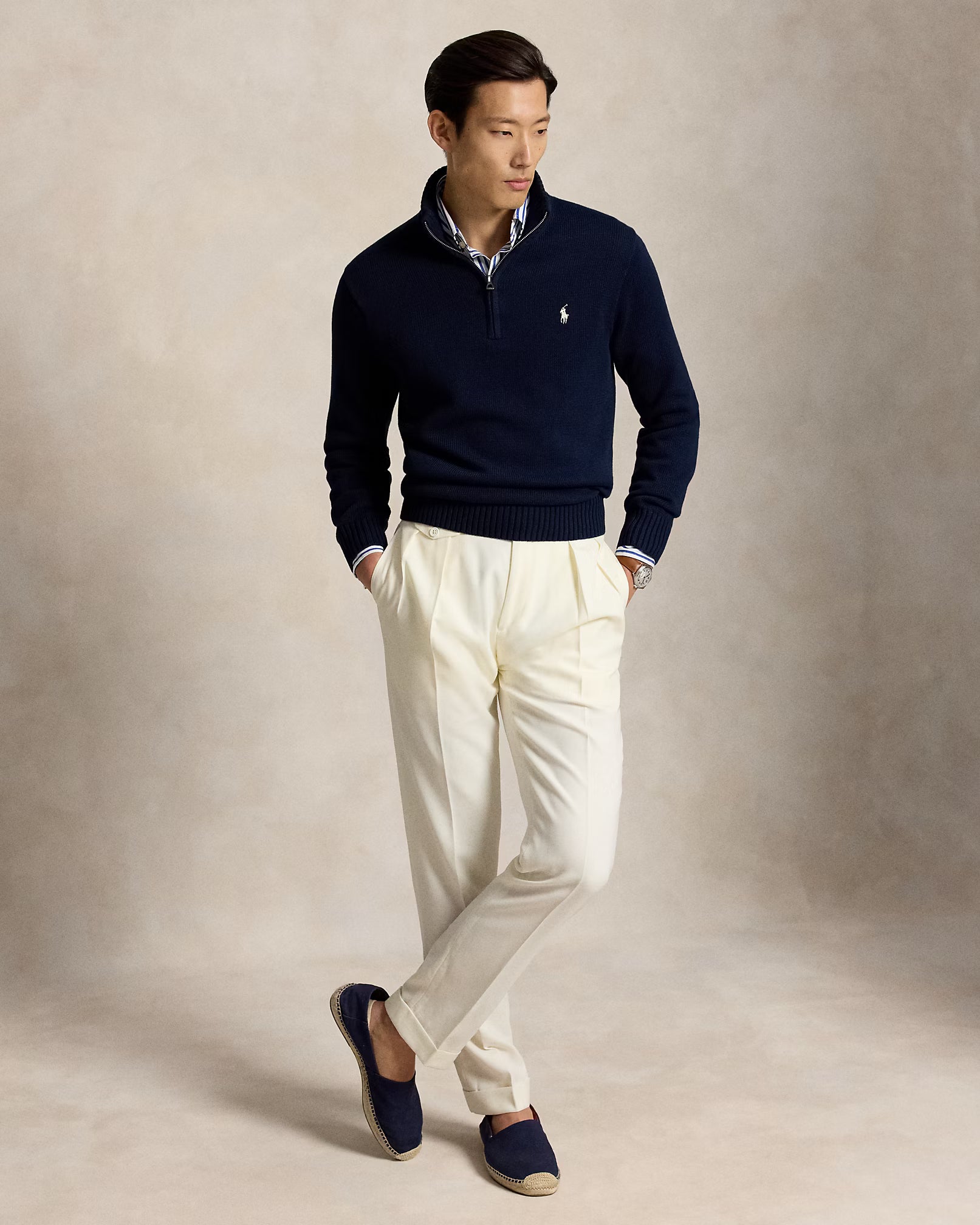 Polo Ralph Lauren Maglia In Cotone Con Mezza Zip Navy Pony Bianco