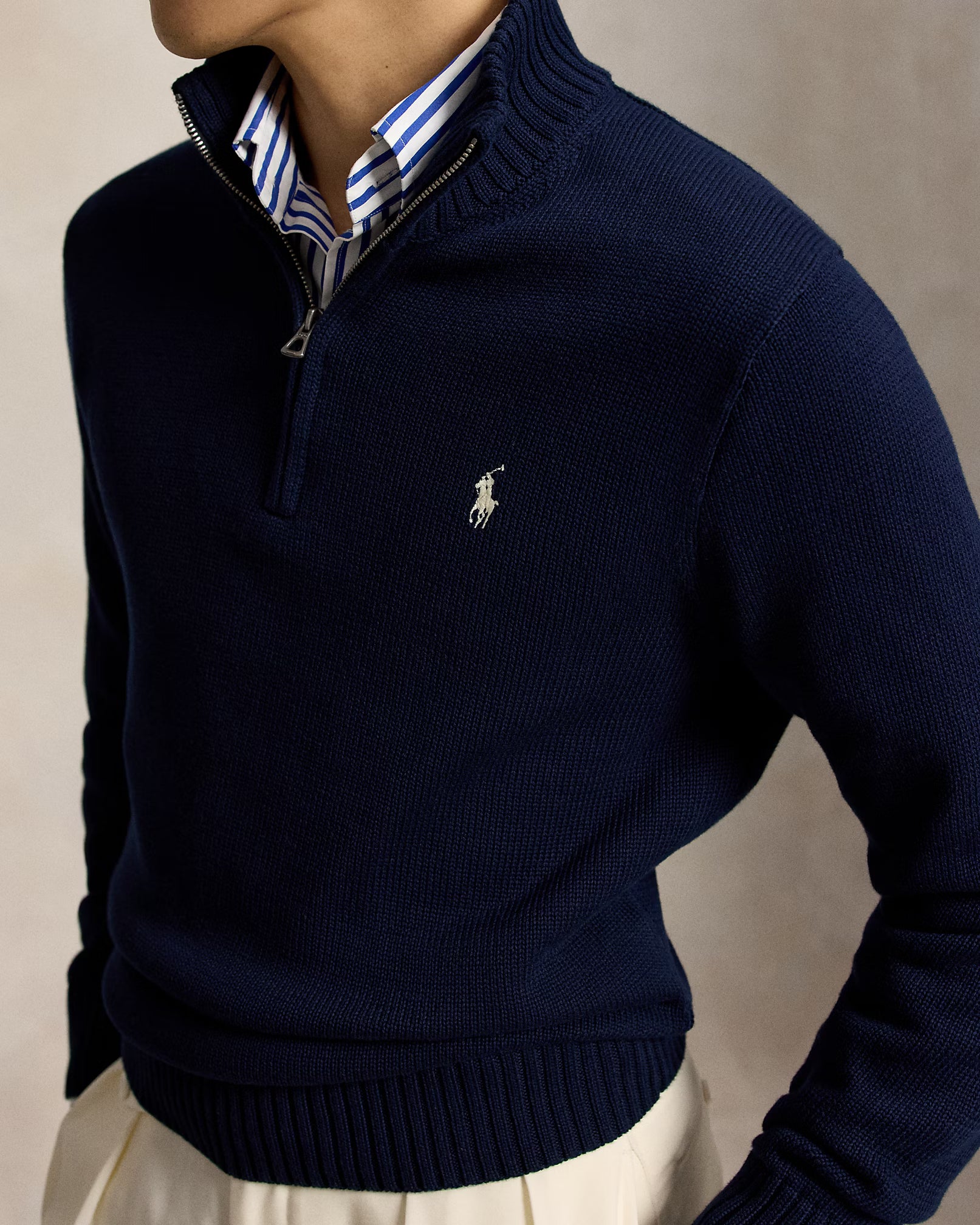 Polo Ralph Lauren Maglia In Cotone Con Mezza Zip Navy Pony Bianco