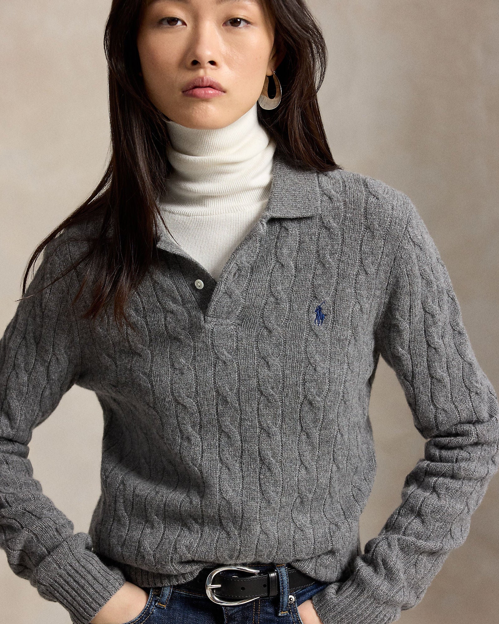 Polo Ralph Lauren Maglia Polo In Lana E Cashmere A Trecce Grigio
